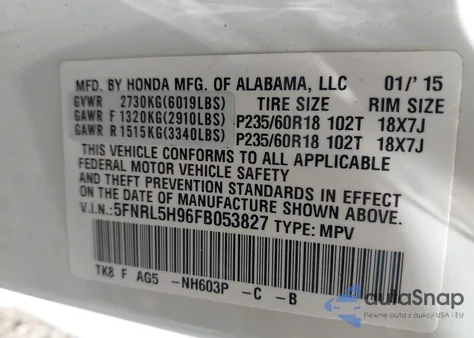 2015 Honda Odyssey Touring/Touring Elite from USA, damaged, VIN 5FNRL5H96FB053827
